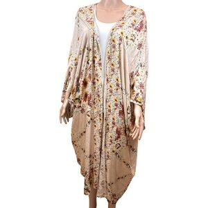 On The Road Floral Long Open Kimono Robe in Cream and Yellow